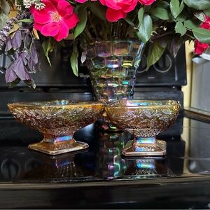 2 Indiana glass,Pineapple Diamond & Floral Amber Carnival compotes/candy dishes.